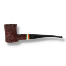 A Poker shaped pipe with a slightly curved stem, there is an Irish flage tri-colour band and glossy brown sandblasted bowl