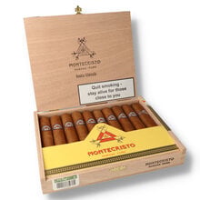 An open box of Montecristo Double Edmundo containing 10 hand rolled Cuban cigars