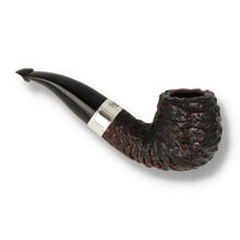 Rusticated Peterson 2022 bent briar pipe with silver band and curved vulcanite stem