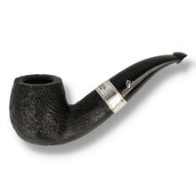 Peterson 160th Anniversary Sandblasted Bent Billiard 1379 briar pipe with textured black finish, silver band, and curved vulcanite stem shown from multiple angles.