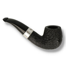 Peterson 160th Anniversary Sandblasted Bent Billiard 1379 briar pipe with textured black finish, silver band, and curved vulcanite stem shown from multiple angles.