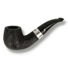 Peterson 160th Anniversary Sandblasted Bent Billiard 1387 briar pipe with textured black finish, silver band, and curved vulcanite stem shown from multiple angles.