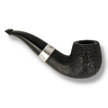 Peterson 160th Anniversary Sandblasted Bent Billiard 1387 briar pipe with textured black finish, silver band, and curved vulcanite stem shown from multiple angles.