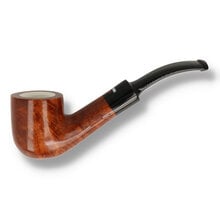 Close up of a Dr. Plumb 4598-06 briar pipe, showing the white meerschaum lining inside the pot-shaped bowl and the classic saddle stem.