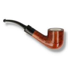Close up of a Dr. Plumb 4598-06 briar pipe, showing the white meerschaum lining inside the pot-shaped bowl and the classic saddle stem.