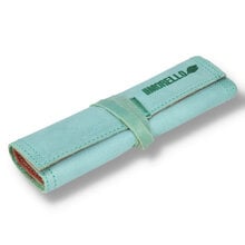 a suede pouch in teal with brown lining