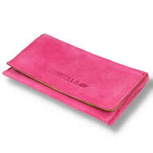 A pink and green suede wallet style pouch