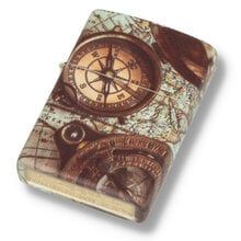A single regular Zippo with a compass design