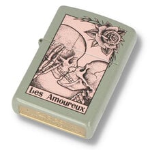 A pale green zippo with 2 skeletons kissing design