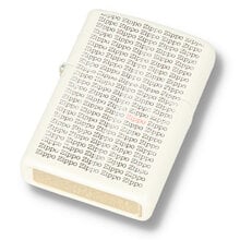 A white Zippo with lines of black zippo writing with a single red text zippo logo in the centre
