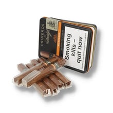 An open tin of Davidoff Nicaraguan Primeros with the cellophane wrapped cigars layed down next to it