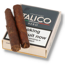 Two Ambasciator Italico Nero Italian half cheroot cigars displayed on top of a branded pack.