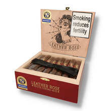 An open box of 24 Drew Estate Deadwood Leather Rose with the cigars neatly lined up
