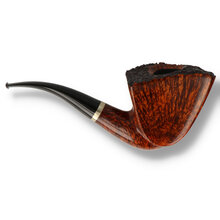 Handmade Wilson Wang freehand pipe displaying vibrant flame grain, rusticated rim and elegant curved stem.