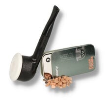 Erik Nørding Shorty Black pipe with white porcelain bowl and black mouthpiece beside filter stones