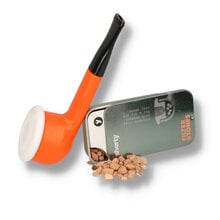 Erik Nørding Shorty Orange pipe with white porcelain bowl beside tin of filter stones