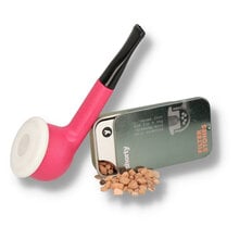 Erik Nørding Shorty Pink pipe with white porcelain bowl beside tin of filter stones