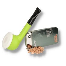 Erik Nørding Shorty Green pipe with white porcelain bowl beside tin of filter stones