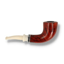 Side profile of Nørding Queen unfiltered briar pipe featuring silver accent rings and rich red finish.