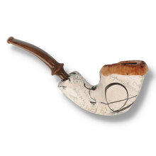 Side view of Nørding Harmony briar pipe featuring decorative handwritten motif and brown acrylic stem.