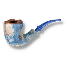 Handmade Danish freehand pipe with nautical coastal design, plateau rim and translucent blue stem.