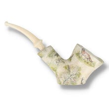 Handmade Danish freehand pipe decorated with deer, trees and countryside scenery, finished with a natural plateau rim.