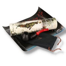Erik Nording Hunting Pipe 2023 Black Swan sandblasted briar pipe with red acrylic stem displayed with presentation tube, pipe sock and booklet.
