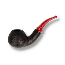 Side profile of the Erik Nording Hunting Pipe 2023 Black Swan showing the black sandblast finish and bright red acrylic stem.