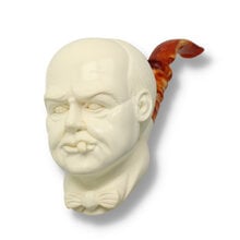 Hand carved Levent Winston Churchill block meerschaum pipe with marbled amber acrylic stem shown from the front.