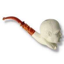 Right side view of the Levent Winston Churchill block meerschaum pipe showing the sculpted facial features, bow tie and marbled stem.