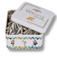 Open Savinelli Venezia Limited Edition tin containing 100 activated charcoal 6mm pipe filters with colourful Venetian artwork on the storage tin.