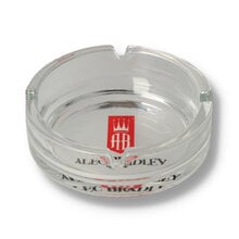 Alec Bradley clear glass cigar ashtray with official red and black branding and four integrated cigar rests.