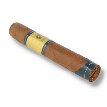 Macanudo Emissary France Robusto single loose cigar with blue and gold Emissary band and France foot band displayed on a white background.