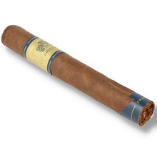 Macanudo Emissary France Toro single loose cigar with blue and gold Emissary band and France foot band displayed on a white background.
