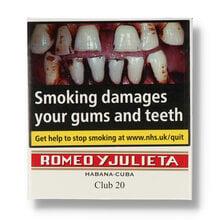 Romeo y Julieta Club 20 pack containing 20 authentic Cuban mini cigars in the brand's classic white and red packaging.